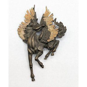 Vintage Signed JJ Pegasus Brass Tone w Gold Glitter Wings Fantasy Brooch Pin